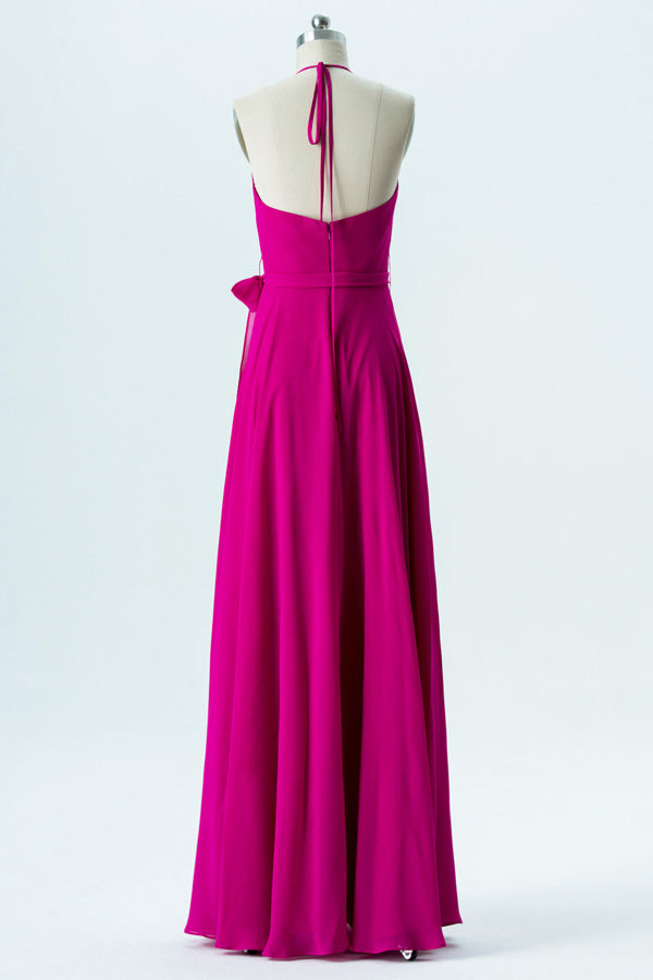 Neon Pink Halter Cowl Neck Bridesmaid Dress