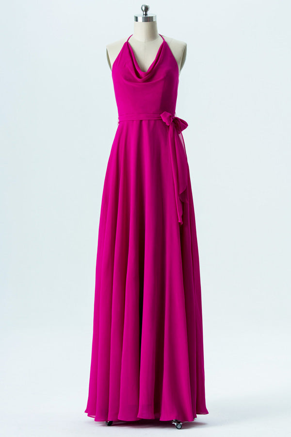 Neon Pink Halter Cowl Neck Bridesmaid Dress
