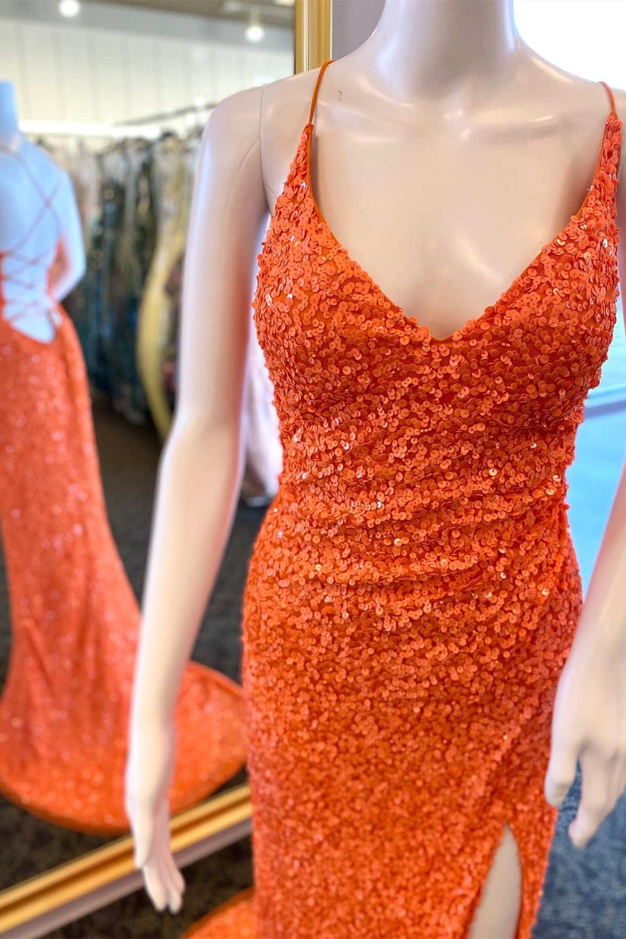 Orange Sequin V-Neck Lace-Up Back Long Prom Dress with Slit