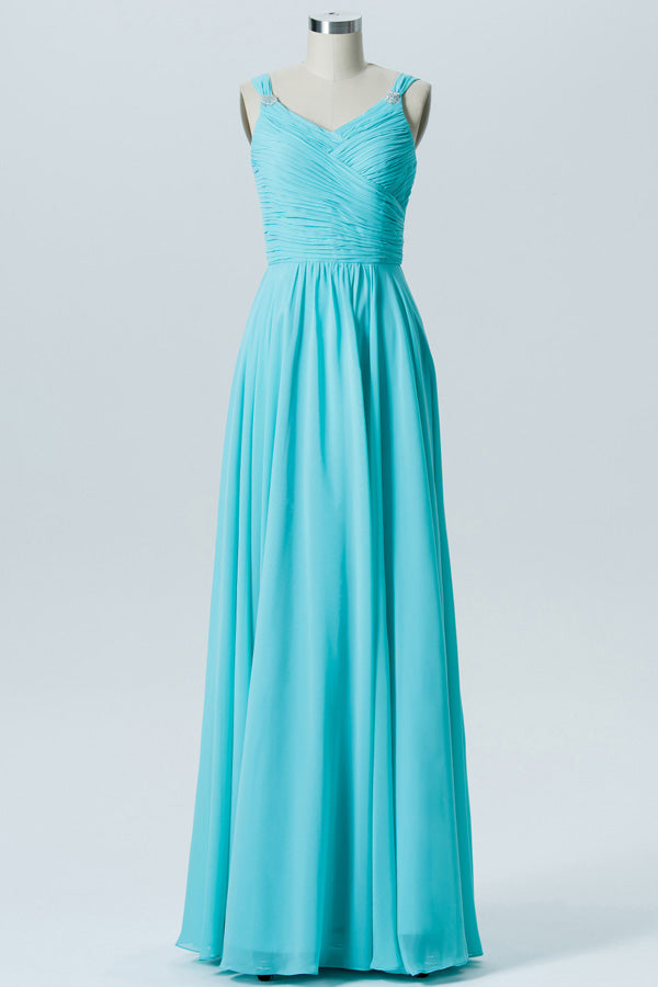 Aqua Blue Rhinestone Straps Bridesmaid Dress