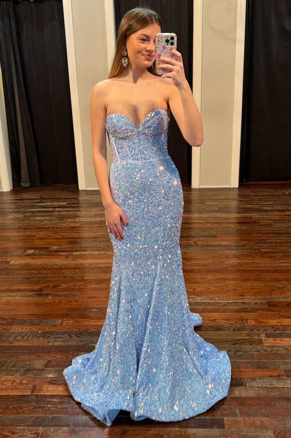 Periwinkle Iridescent Sequin Sweetheart Mermaid Long Prom Dress – Modsele