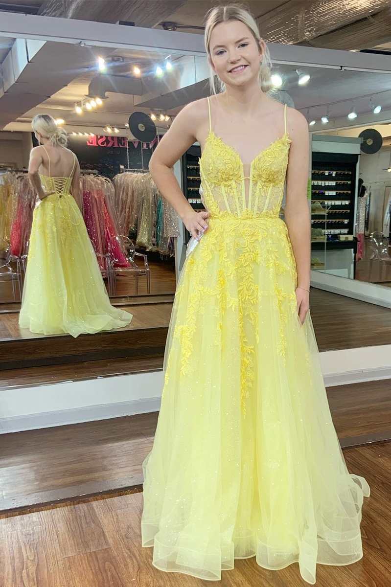 Yellow Applique Lace-Up A-Line Long Prom Dress