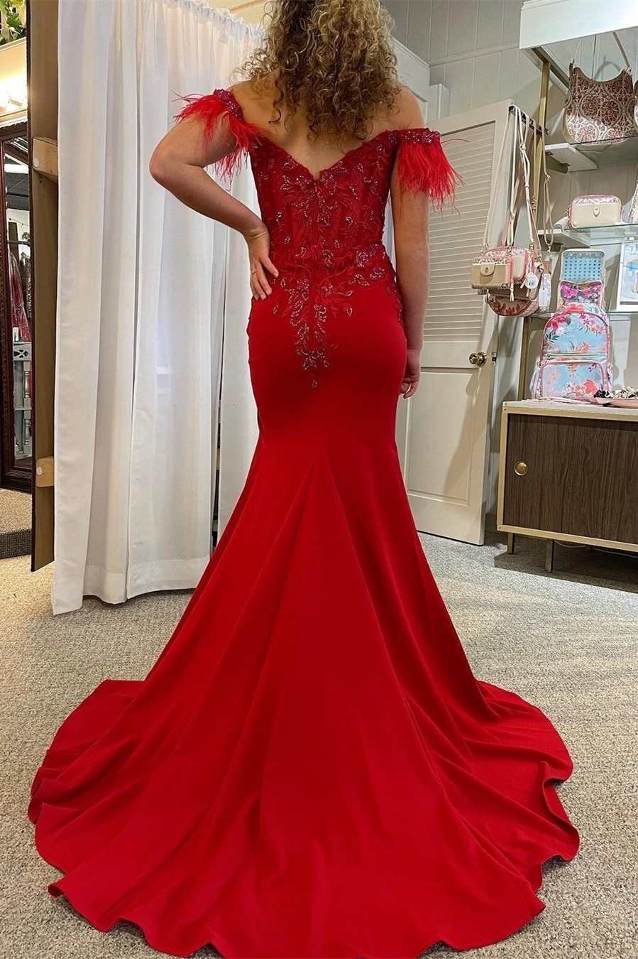 Red Lace Feather Off-the-Shoulder Mermaid Long Prom Dress