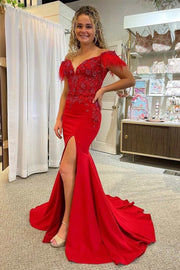 Red Lace Feather Off-the-Shoulder Mermaid Long Prom Dress