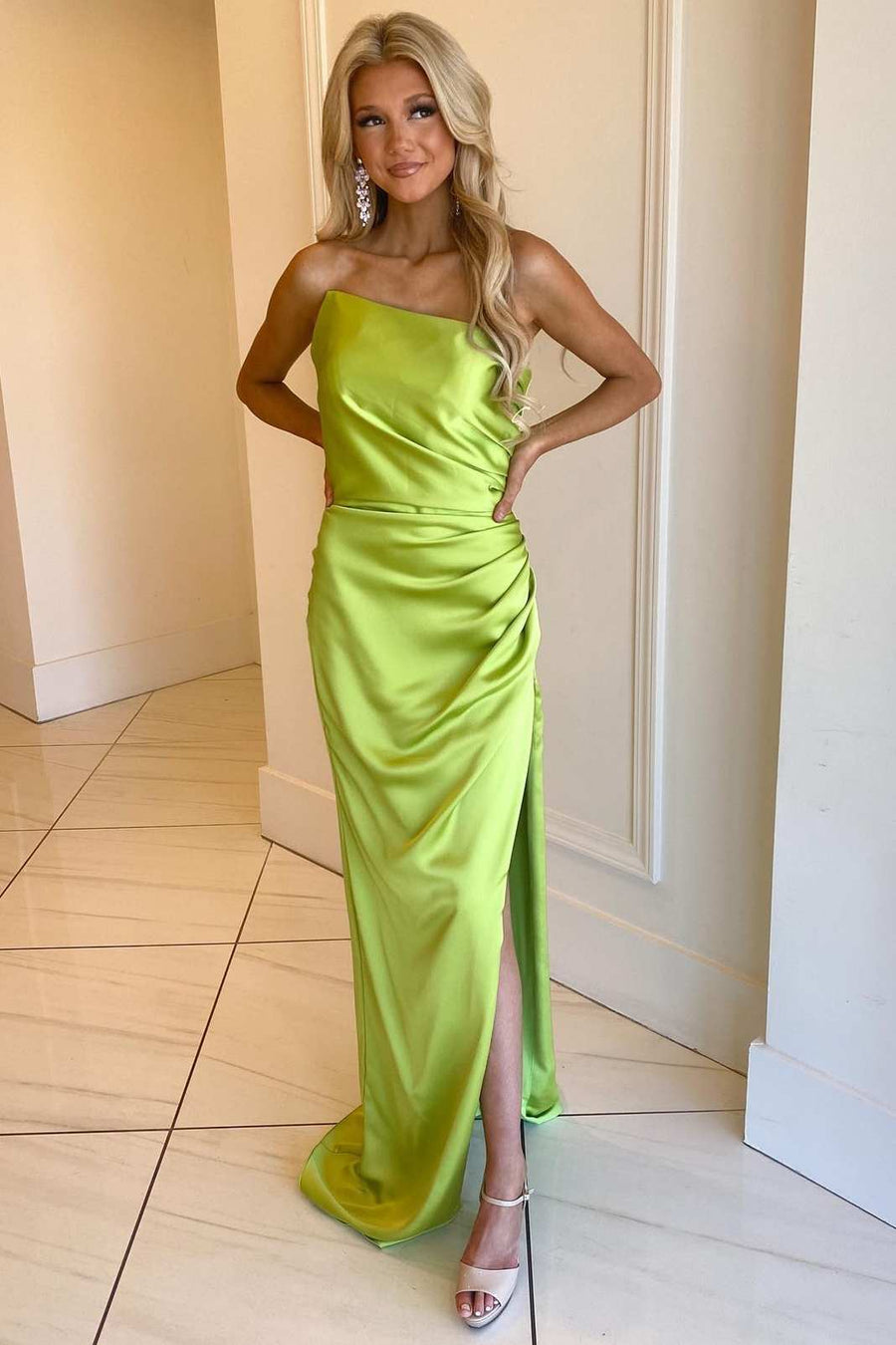 Olive Green Strapless Ruched Long Formal Dress with Slit Modsele Olive Green Strapless Ruched Long Formal Dress with Slit Modsele