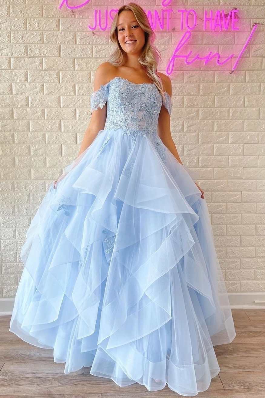 Light Blue Lace Off-the-Shoulder A-Line Tiered Prom Dress