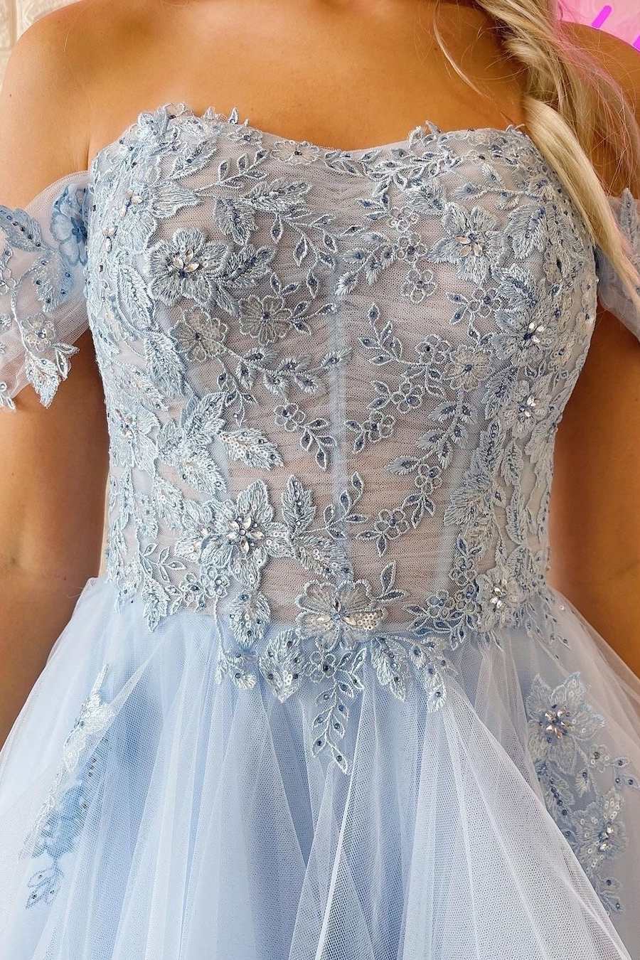 Light Blue Lace Off-the-Shoulder A-Line Tiered Prom Dress