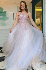 Ombre Tulle Floral Lace One-Shoulder A-Line Long Prom Dress