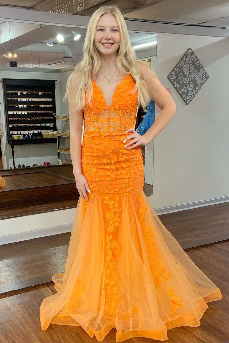 Orange Appliques V-Neck Backless Trumpet Long Prom Dress