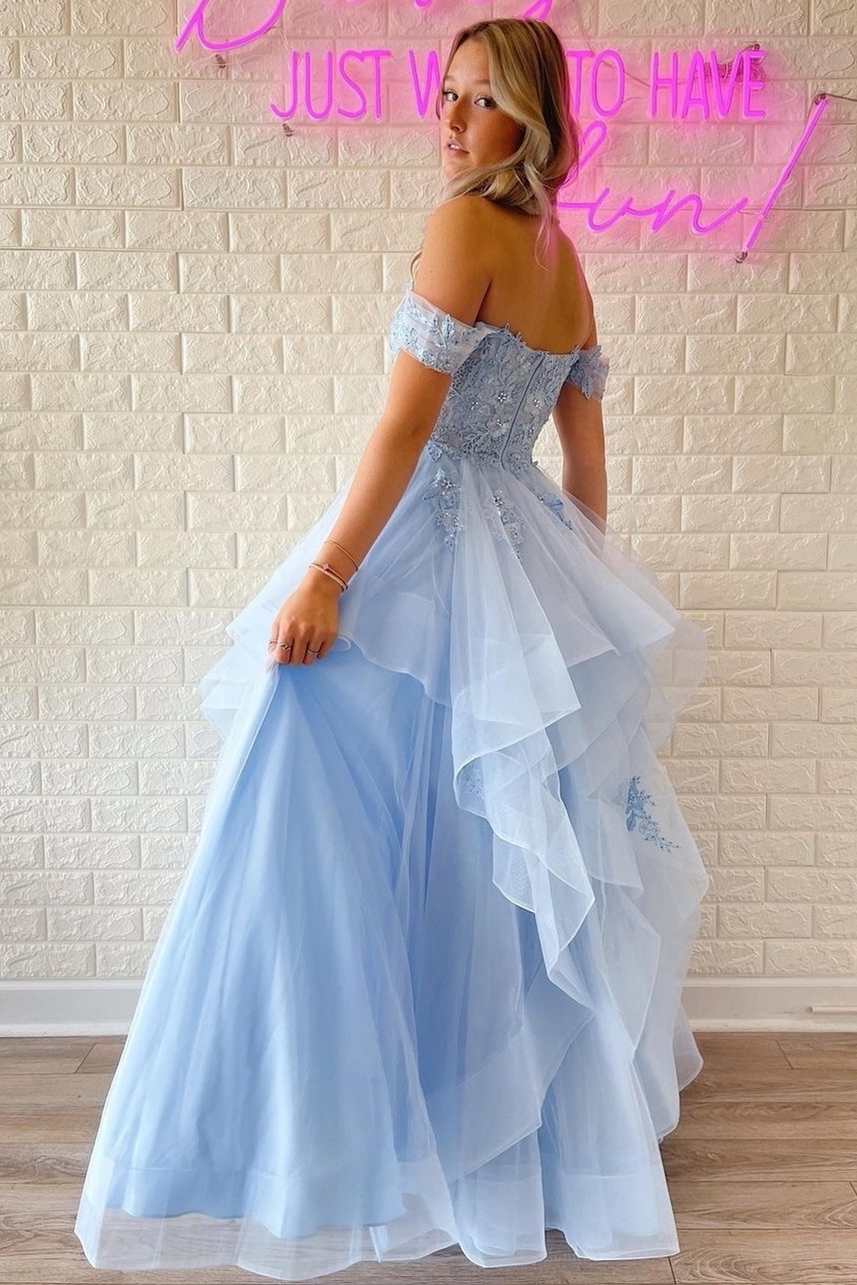 Light Blue Lace Off-the-Shoulder A-Line Tiered Prom Dress