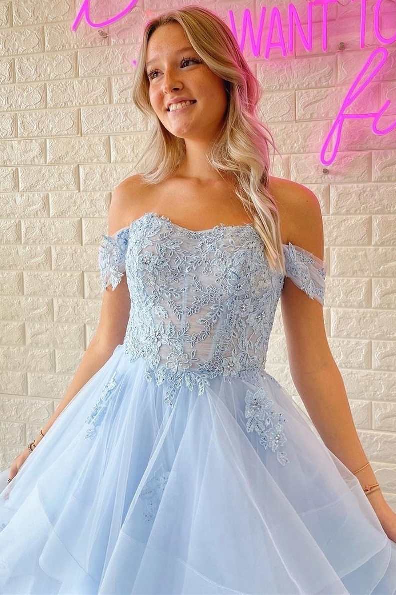 Light Blue Lace Off-the-Shoulder A-Line Tiered Prom Dress