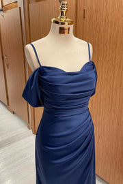 Navy Blue Cold-Shoulder Ruched Maxi Dress