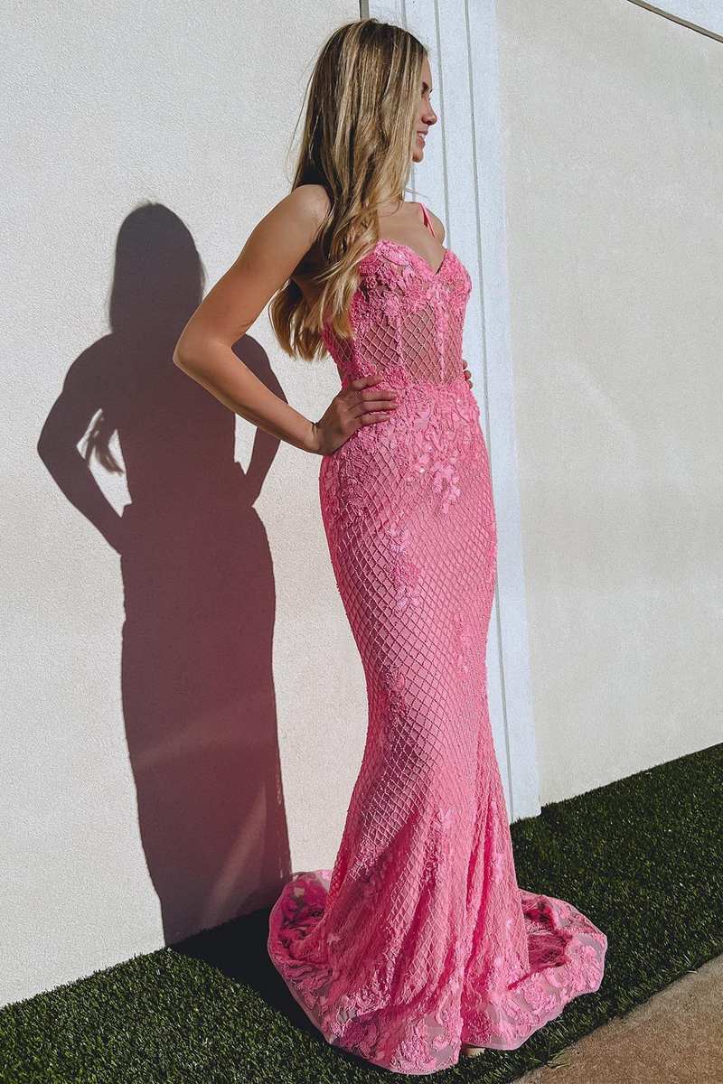 Pink Floral Lace Cutout Back Mermaid Long Prom Gown