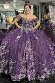 Glamorous Purple Floral Lace Off-the-Shoulder Quinceanera Gown