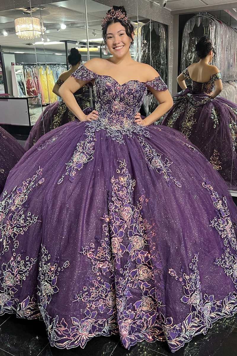 purple dresses for a quinceanera Elegant Lace Ball Gown prom Dress Sweet 16 cg19 classygown Train Neckline LizLuo Quinceanera 26113