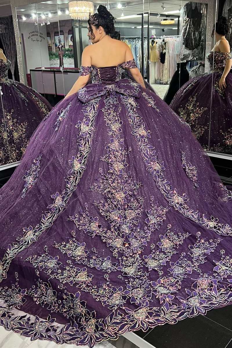 purple and black quince dresses Glamorous Floral Lace Off-the-Shoulder Quinceanera Gown Sleeveless Back Color:Rosewood menu: reception Black Textured Long Sleeve