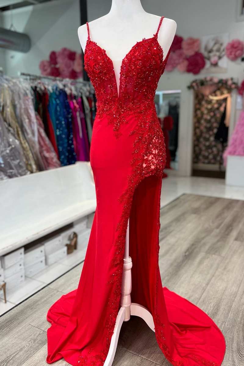 Red Applique Plunge V Mermaid Long Formal Dress with Slit