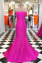 Elegant Neon Pink Strapless Satin Trumpet Long Formal Dress