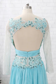 Aqua Blue Chiffon Cutout Back Appliques Long Bridesmaid Dress
