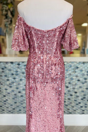 Pink Sequin Off-the-Shoulder Long Formal Dress with Puff Sleeves and Slit