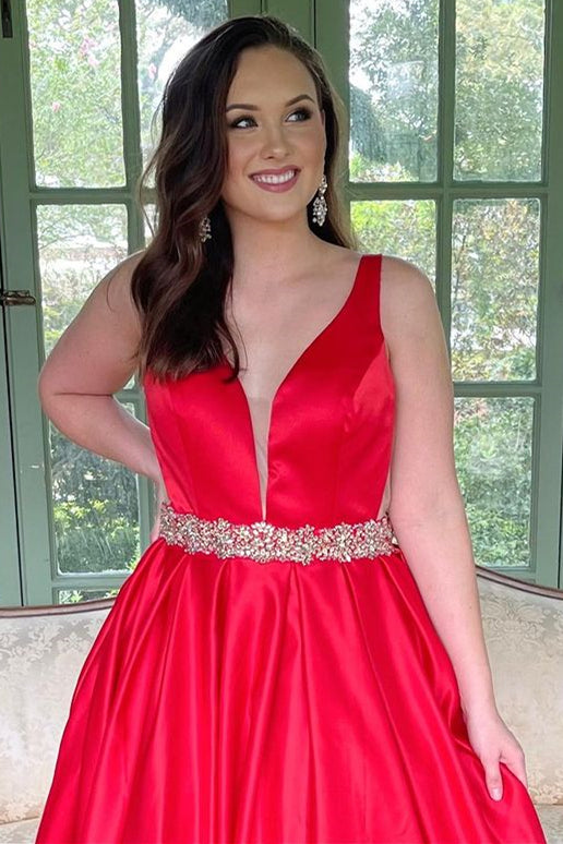 Red Plunging Neck Belted A-Line Long Prom Dress