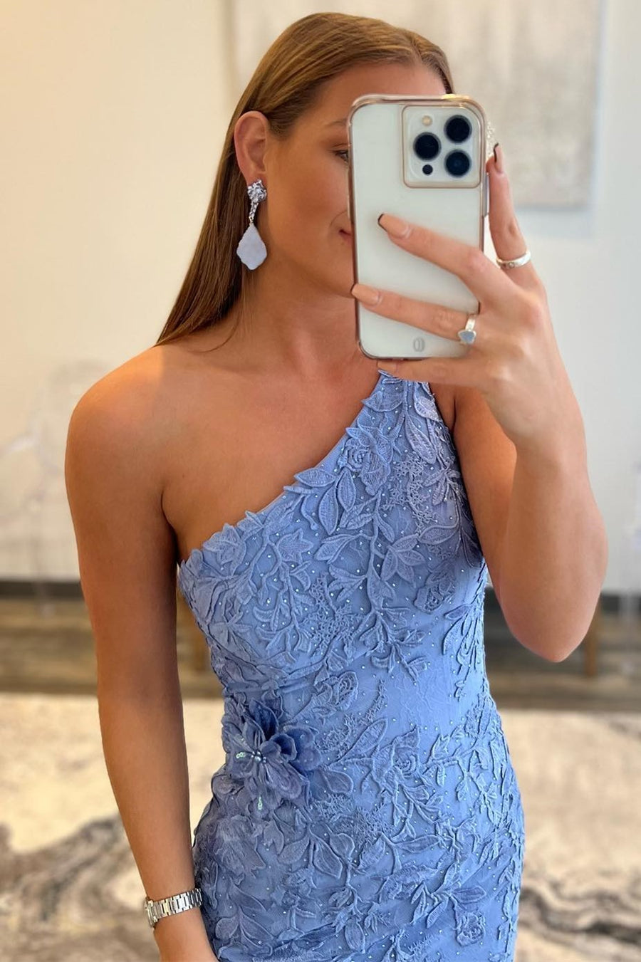 one shoulder cut out mini dress in periwinkle Sleek Moves One-Shoulder Cutout Mini Dress in Periwinkle | Size: M | Knit Fabric