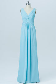 Aqua Blue Chiffon Twist Front Sleeveless Bridesmaid Dress