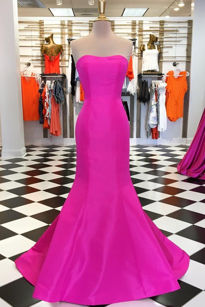 Elegant Neon Pink Strapless Satin Trumpet Long Formal Dress Modsele Elegant Neon Pink Strapless Satin Trumpet Long Formal Dress Modsele