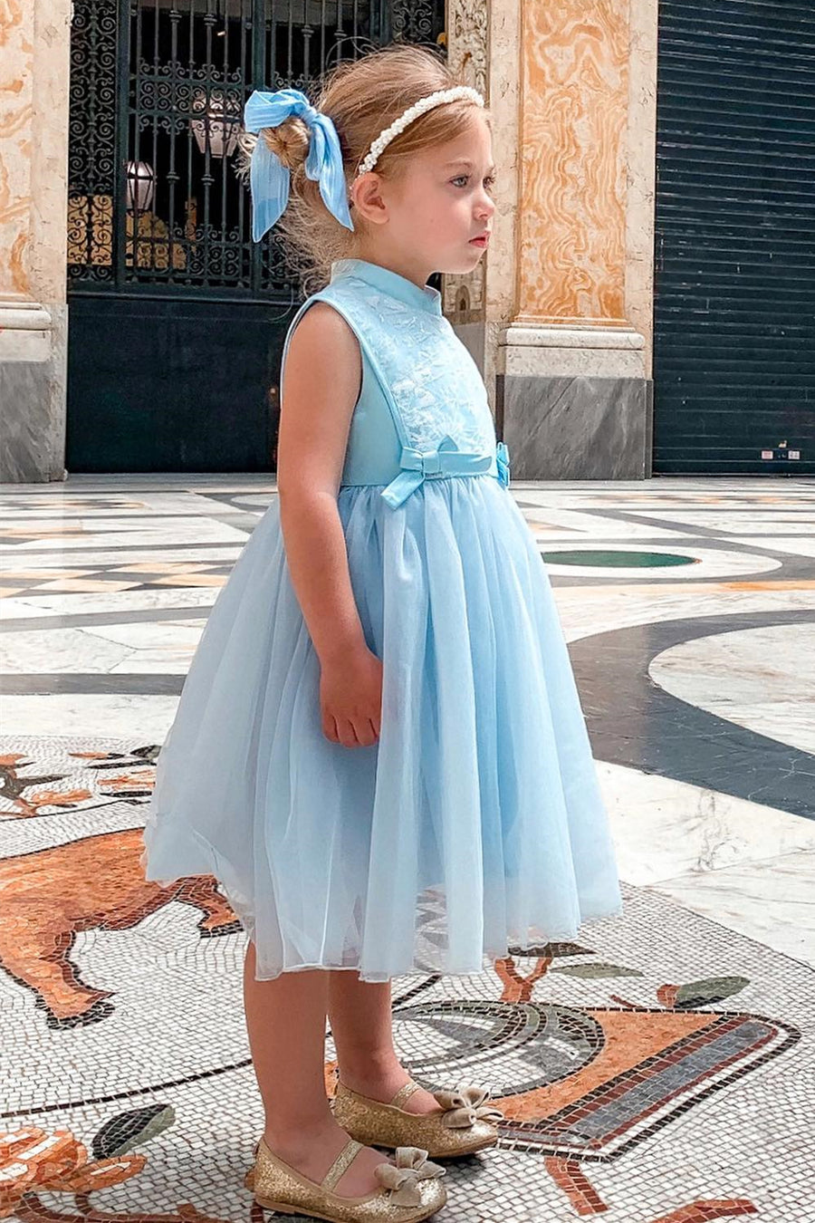 Blue Embroidered High-Collar Girl Party Dress