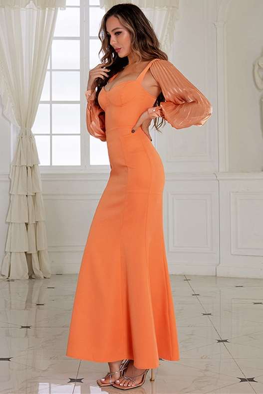Orange Corset Long Sleeve Mermaid Prom Dress