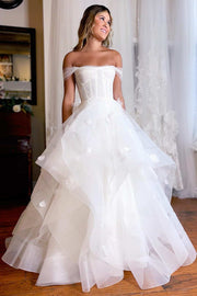 White Off-the-Shoulder Tiered A-Line Wedding Dress with Flowers