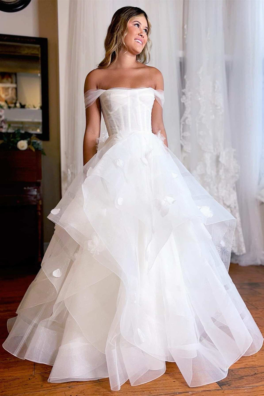 White Off-the-Shoulder Tiered A-Line Wedding Dress with Flowers Modsele White Off-the-Shoulder Tiered A-Line Wedding Dress with Flowers Modsele