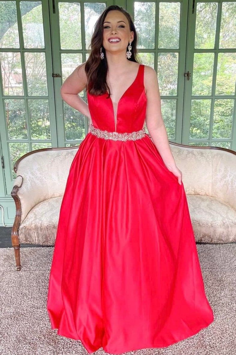 Red Plunging Neck Belted A-Line Long Prom Dress