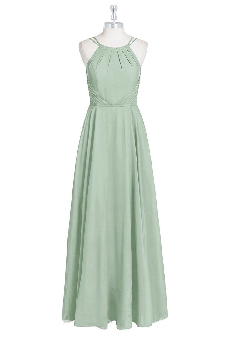 Sage Green Halter Spaghetti Straps A-Line Long Bridesmaid Dress