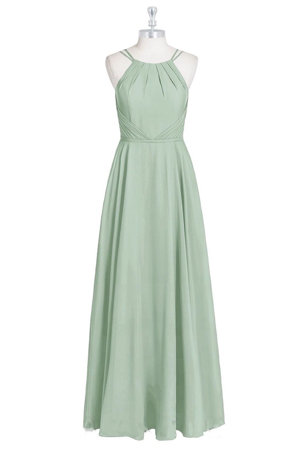 Sage Green Halter Spaghetti Straps A-Line Long Bridesmaid Dress – Modsele