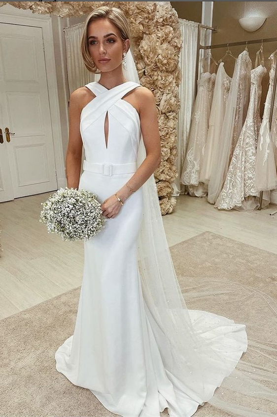White Cross Front Keyhole Sheath Long Wedding Dress