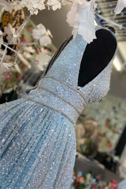 Glitter A-Line Light Blue Beaded V-Neck Backless Long Prom Dress