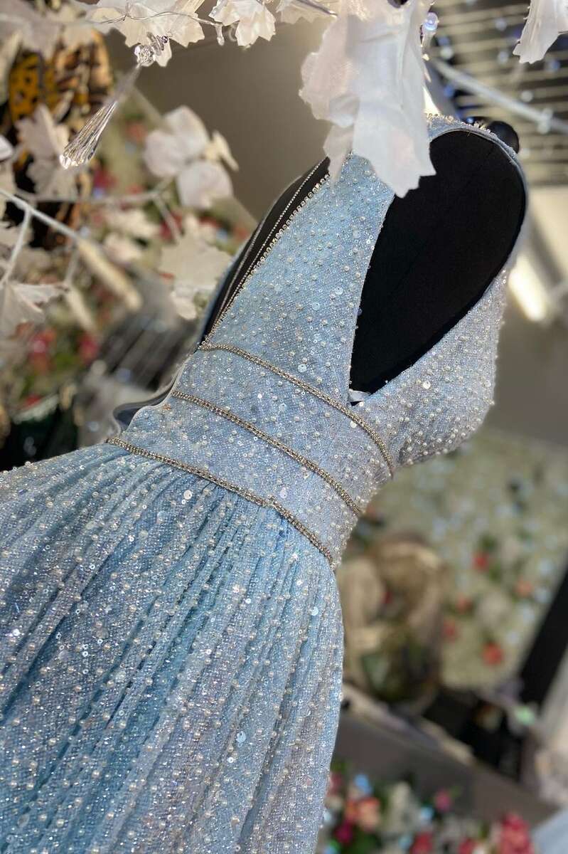 Glitter A-Line Light Blue Beaded V-Neck Backless Long Prom Dress Modsele Glitter A-Line Light Blue Beaded V-Neck Backless Long Prom Dress Modsele