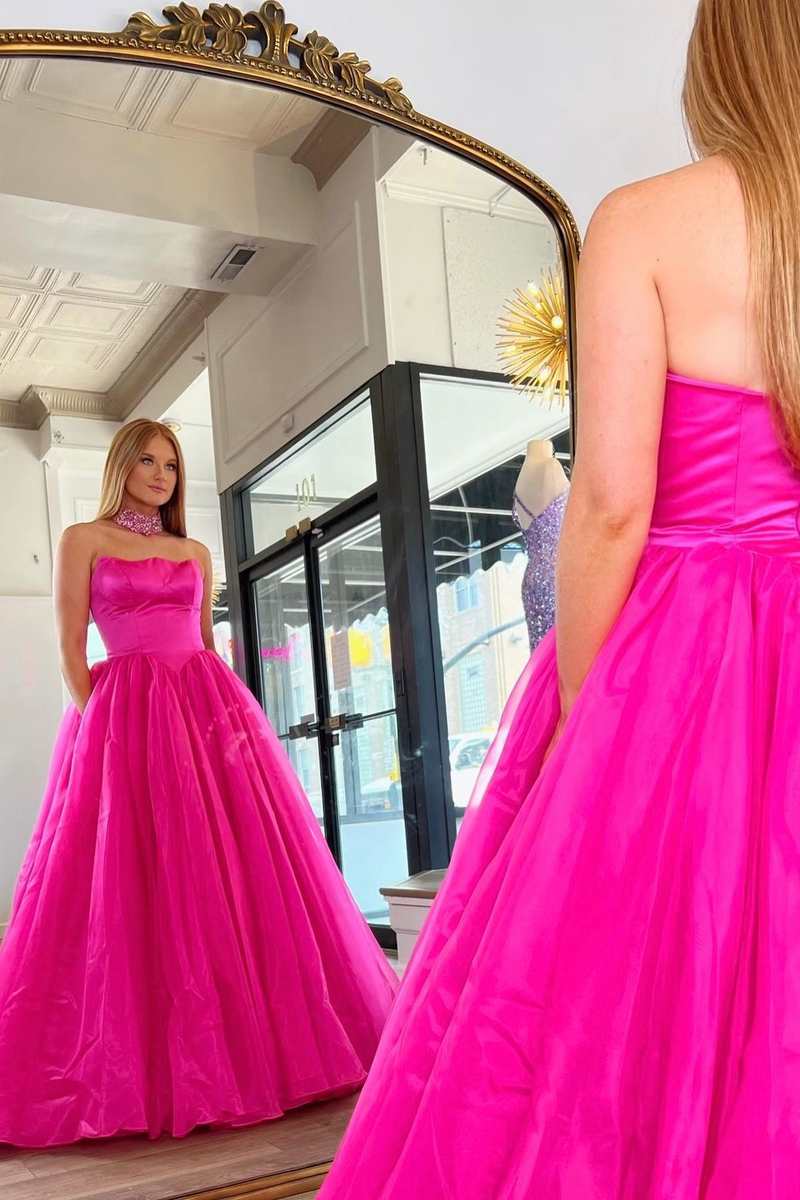 Neon Pink Strapless A-Line Long Prom Dress with Beaded Neck