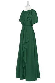 Green Crew Neck Short Sleeve Ruffled A-Line Bridesmaid Dress