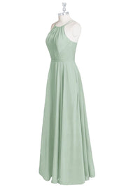 Sage Green Halter Spaghetti Straps A-Line Long Bridesmaid Dress