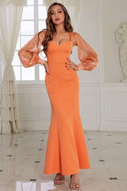 Orange Corset Long Sleeve Mermaid Prom Dress