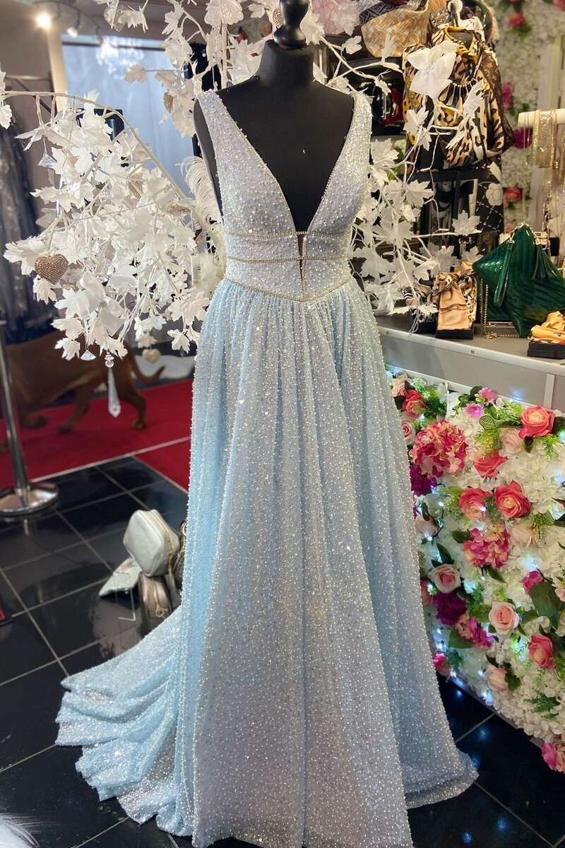 Glitter A-Line Light Blue Beaded V-Neck Backless Long Prom Dress