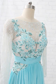 Aqua Blue Chiffon Cutout Back Appliques Long Bridesmaid Dress