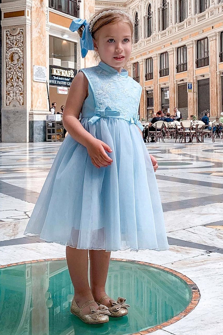 Blue Embroidered High-Collar Girl Party Dress