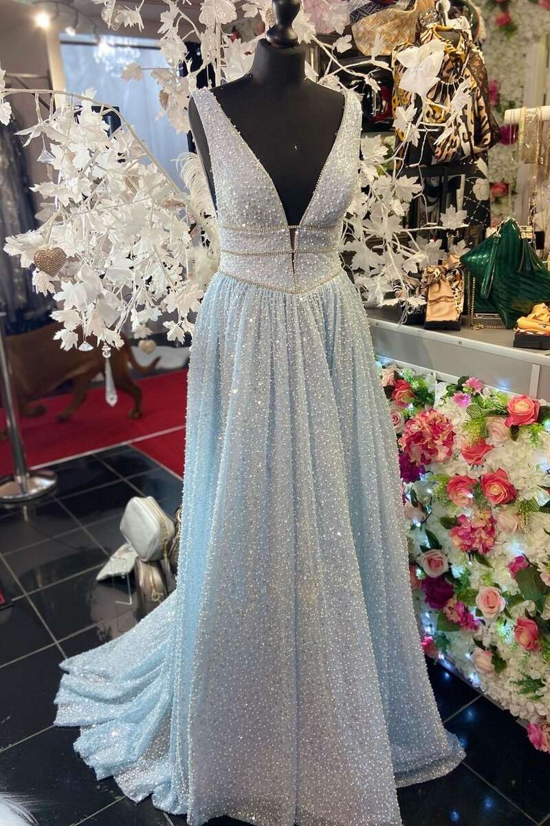 Glitter A-Line Light Blue Beaded V-Neck Backless Long Prom Dress Modsele Glitter A-Line Light Blue Beaded V-Neck Backless Long Prom Dress Modsele