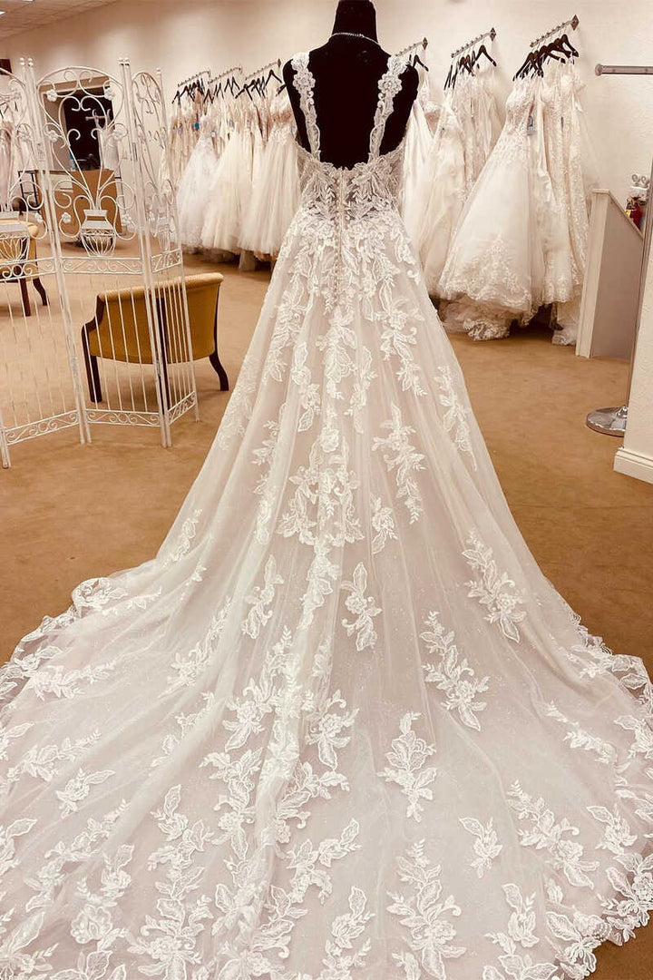 White Lace Sweetheart Straps A-Line Long Bridal Gown