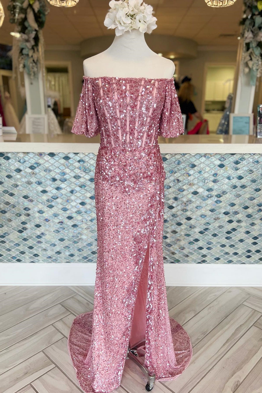 Pink Sequin Off-the-Shoulder Long Formal Dress with Puff Sleeves and Slit