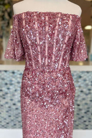 Pink Sequin Off-the-Shoulder Long Formal Dress with Puff Sleeves and Slit