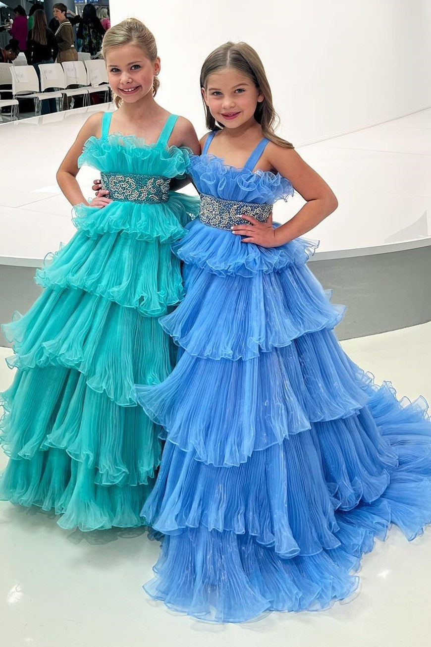 Multi-Tiered Organza Straps A-Line Girl Pageant Dress with Ruffles